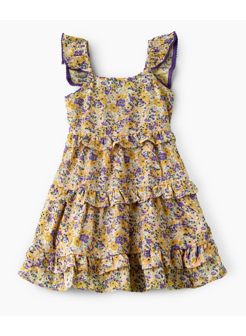 Jelliene Girls Yellow & Purple Floral Tiered Ruffle Dress - Image 1